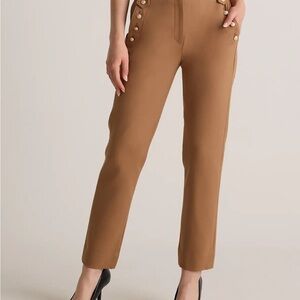 Quince Straight-Leg High-Rise Pants in Camel with Gold Buttons